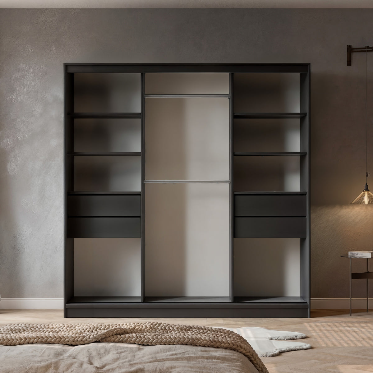 Szafa przesuwna z lustrem i lamelami VELLO 200 cm czarny/dąb artisan LED