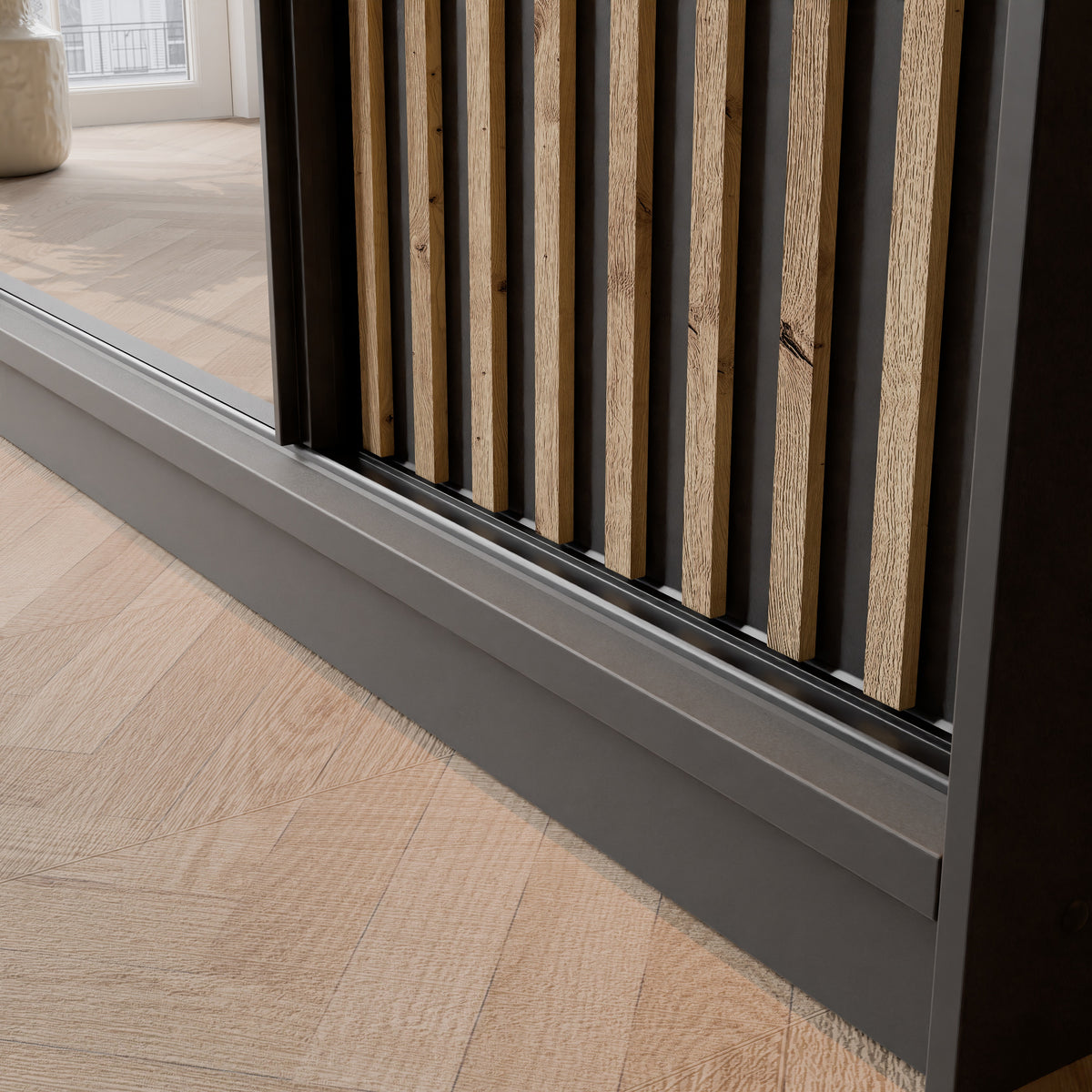 Szafa przesuwna z lustrem i lamelami VELLO 200 cm czarny/dąb artisan LED