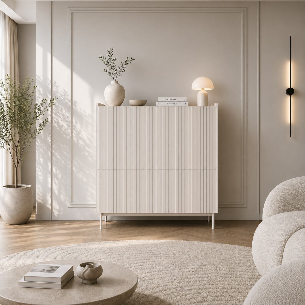 Komoda wysoka ZORA 4D 103 cm Beż/Dąb Scandi