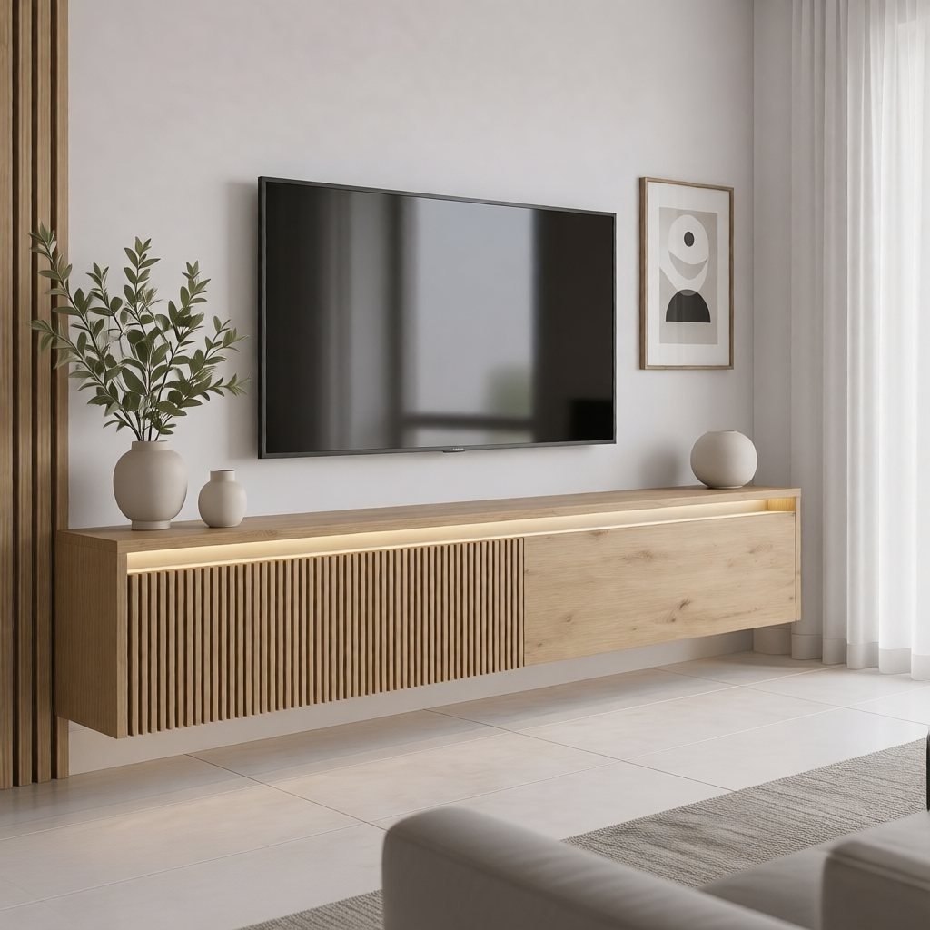Szafka RTV LUMI IV ryflowana wisząca z oświetleniem LED