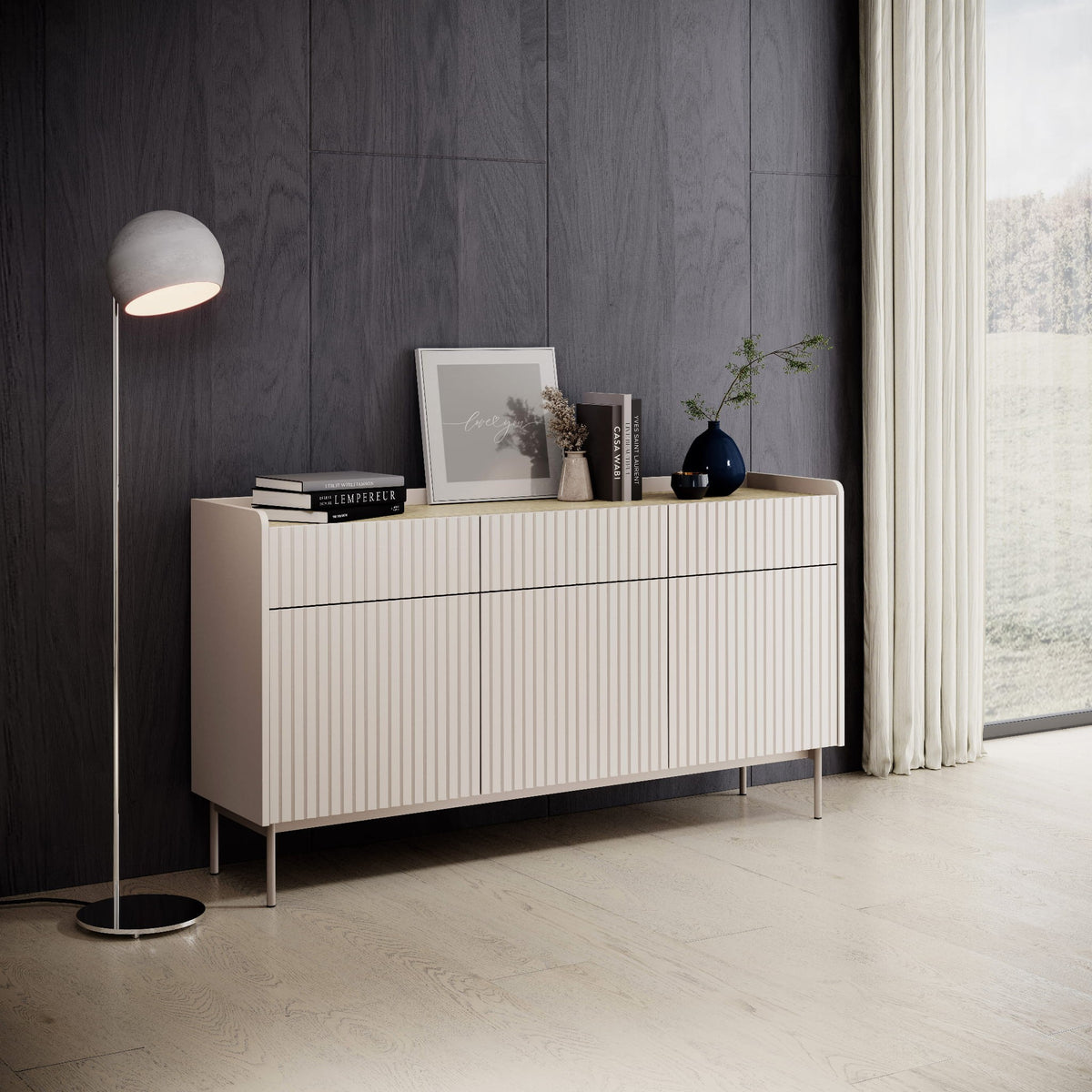 Komoda trzydrzwiowa ZORA 153 cm Beż/Dąb Scandi