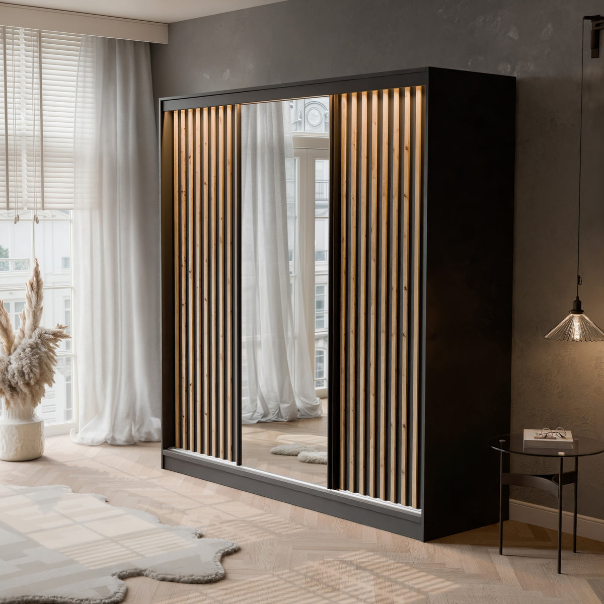 Szafa przesuwna z lustrem i lamelami VELLO 200 cm czarny/dąb artisan LED