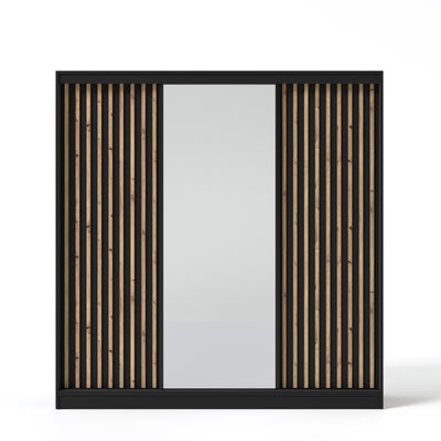 Szafa przesuwna z lustrem i lamelami VELLO 200 cm czarny/dąb artisan LED
