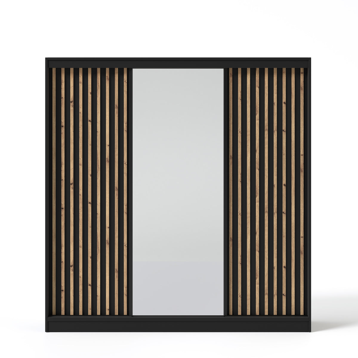 Szafa przesuwna z lustrem i lamelami VELLO 200 cm czarny/dąb artisan LED