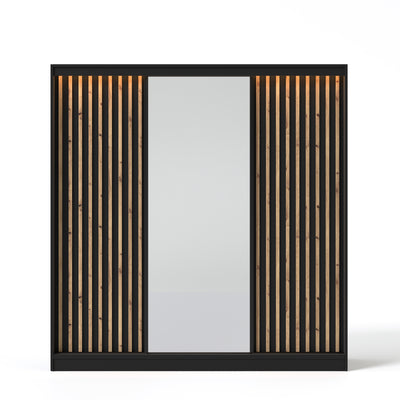 Szafa przesuwna z lustrem i lamelami VELLO 200 cm czarny/dąb artisan LED