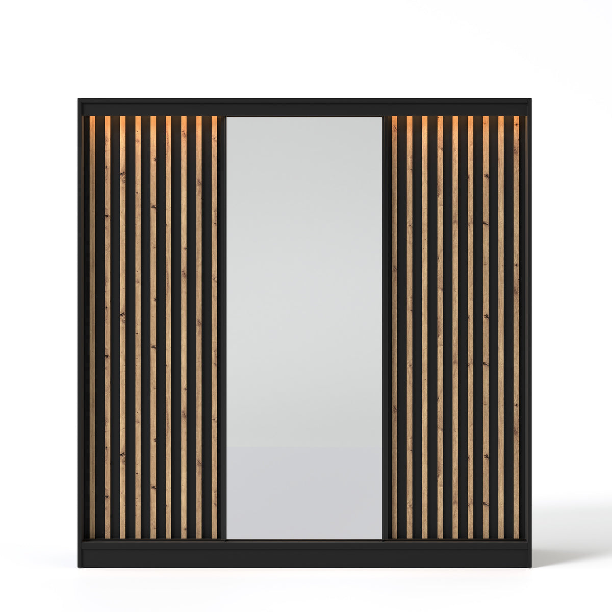 Szafa przesuwna z lustrem i lamelami VELLO 200 cm czarny/dąb artisan LED