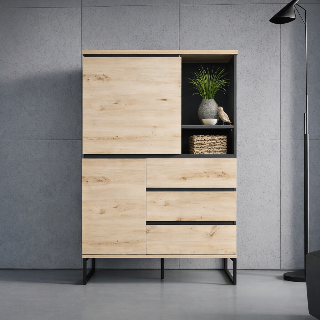 Komoda wysoka dwudrzwiowa JOVAN 99 cm z szufladami dąb artisan