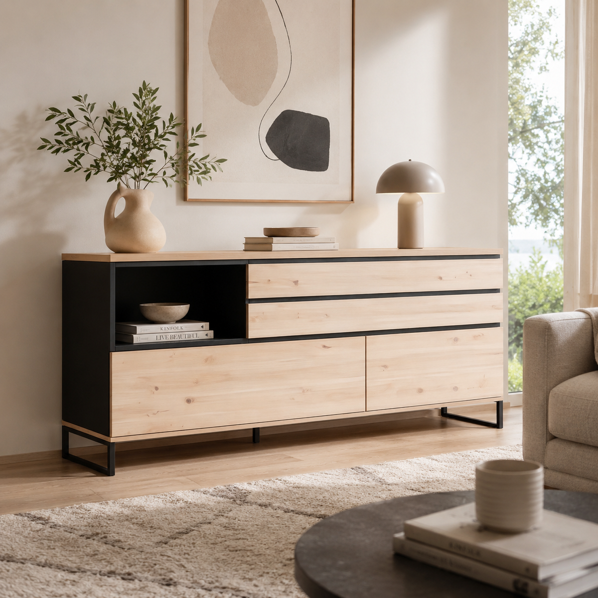 Komoda z szufladami JOVAN 142 cm dąb artisan antracyt